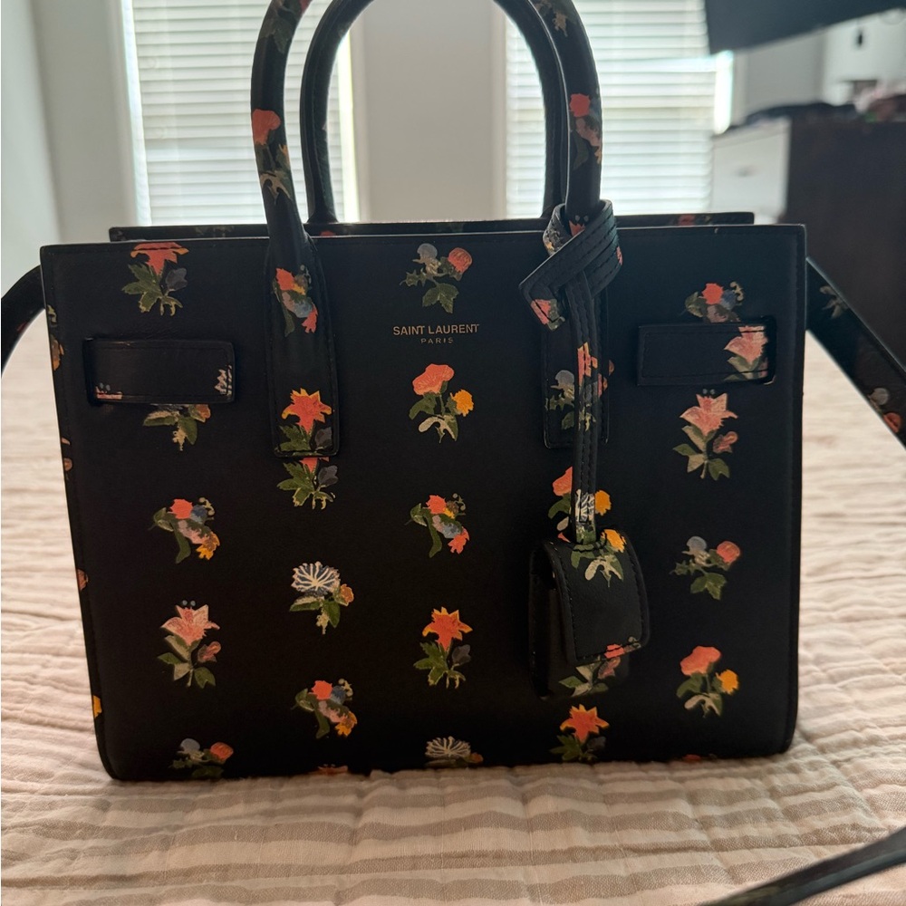 Saint Laurent Black Satchel with Floral Design